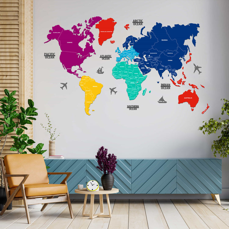 2D Prismatic Wooden World Map for wall | Wooden world map wallart | Map of World |