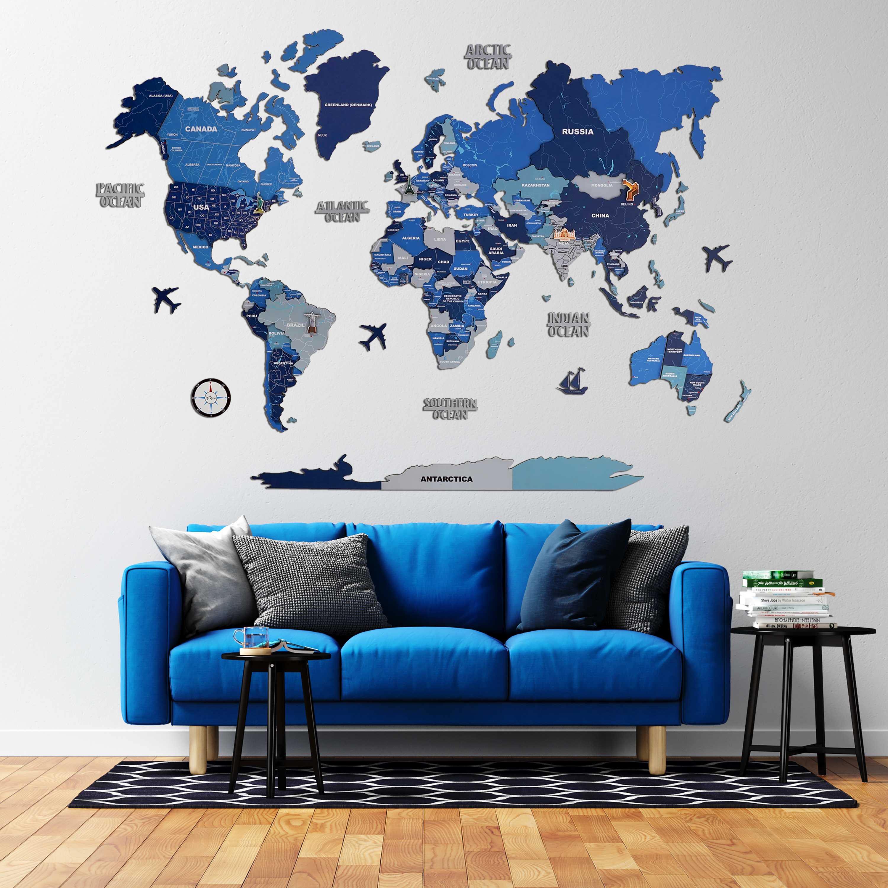 3d Colorful wooden world map for wall | 3d colorful Wooden world map