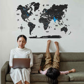 2D Black & Blue Wooden world map for wall | Wooden world map wallart | Map of World | Wooden world map for wall | with pushpins