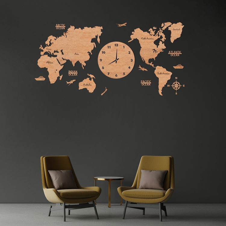 Maple Wooden Map Clock