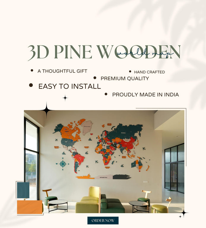 3d Pine and Orange Wooden World Map for wall | The Map Store | Wooden World Map
