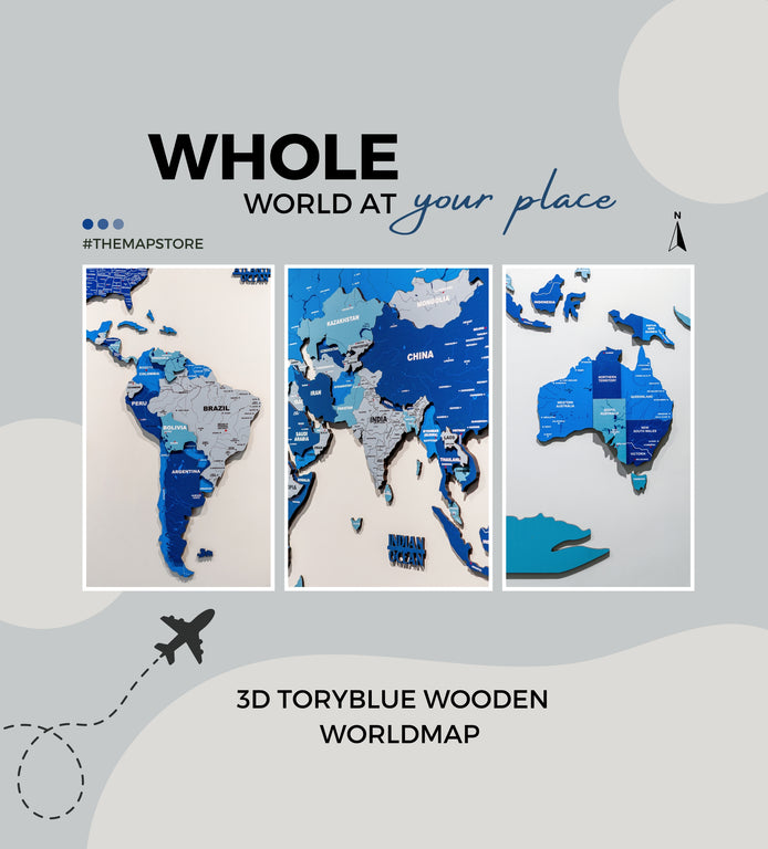 3D Tory Blue Wooden World Map | The Map Store | Wooden World Map For wall
