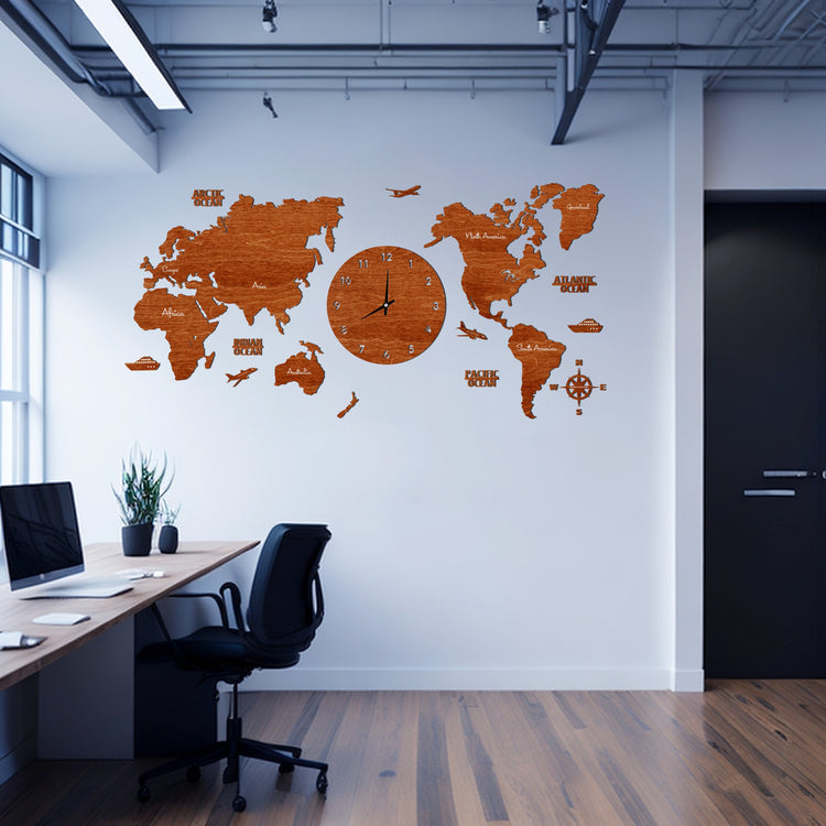 Teak World Map Clock