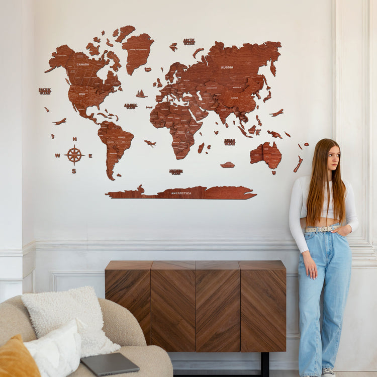 3D Teak Wooden World Map