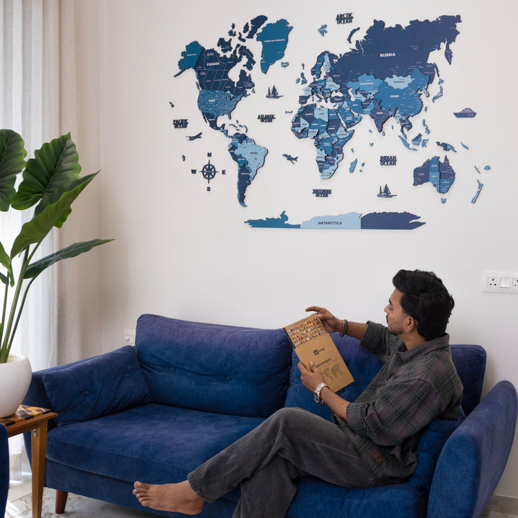 3D Blue Sapphire Wooden World Map