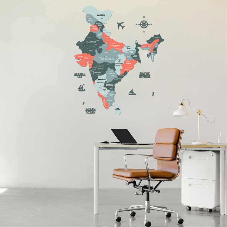 Salmon Pink Wooden India Map for wall | Wooden India map wallart | Map of India |
