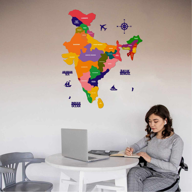 Colourful Wooden India Map for wall | Wooden India map wallart | Map of India |