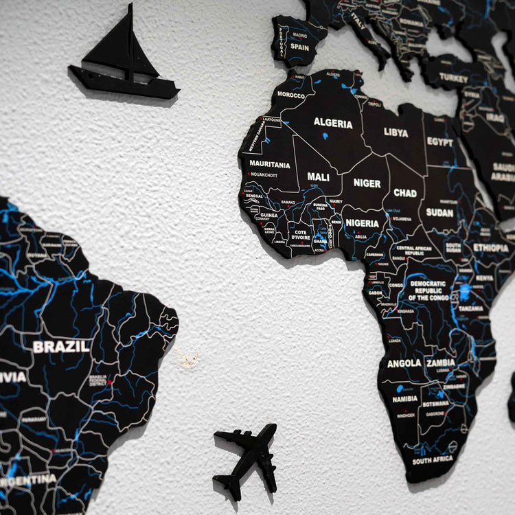 2D Black & Blue Wooden world map for wall | Wooden world map wallart | Map of World | Wooden world map for wall | with pushpins