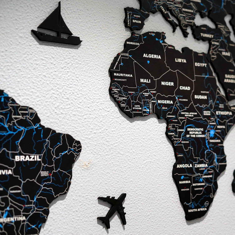 2D Black & Blue Wooden world map for wall | Wooden world map wallart | Map of World  |  Wooden world map for wall | with pushpins