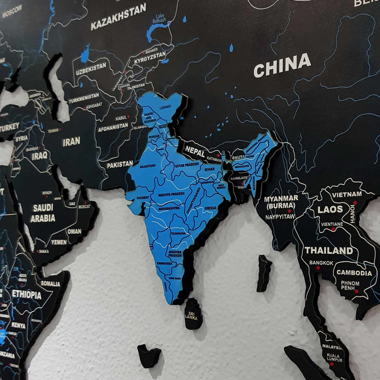 2D Black & Blue Wooden world map for wall | Wooden world map wallart | Map of World | Wooden world map for wall | with pushpins