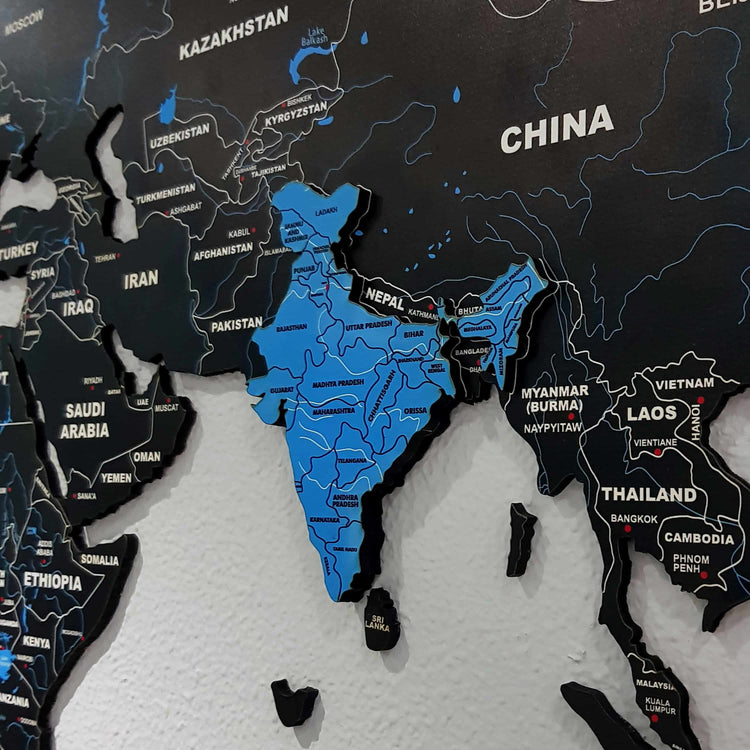 2D Black & Blue Wooden world map for wall | Wooden world map wallart | Map of World  |  Wooden world map for wall | with pushpins