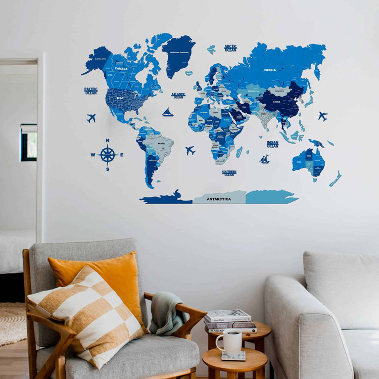 3D Tory Blue Wooden World Map for wall | Wooden world map wallart | Map of World |