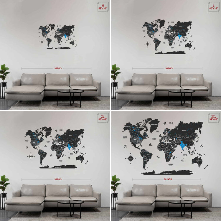 2D Black & Blue Wooden world map for wall | Wooden world map wallart | Map of World  |  Wooden world map for wall | with pushpins