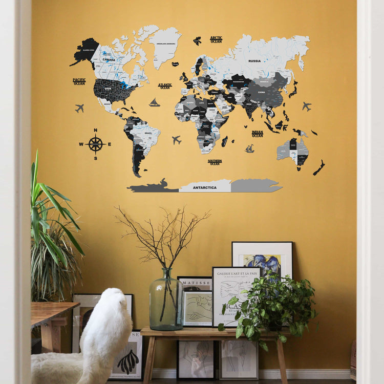 3D Black & Grey Wooden World Map for wall | Wooden world map wallart | Map of World |