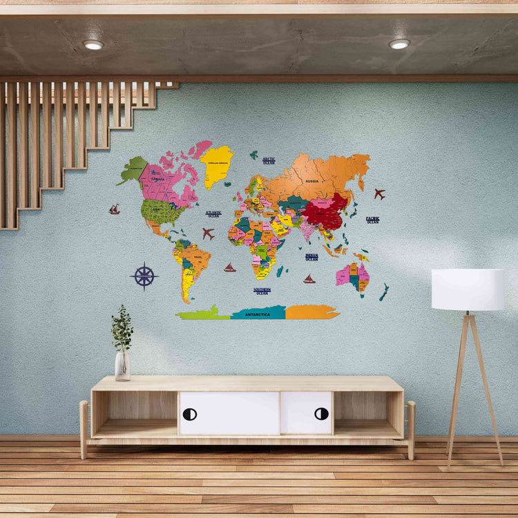 3D Colorful Wooden World Map for wall | Wooden world map wallart | Map of World |
