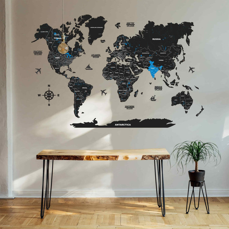 2D Black & Blue Wooden world map for wall | Wooden world map wallart | Map of World  |  Wooden world map for wall | with pushpins