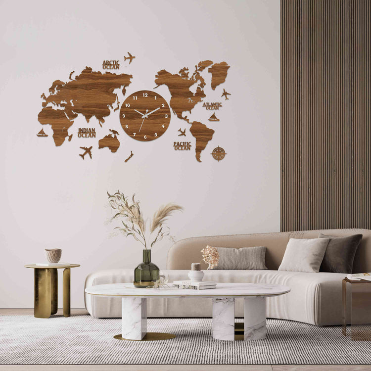 Wooden World Map Clock | Wooden world map with clock | Map of World Clock