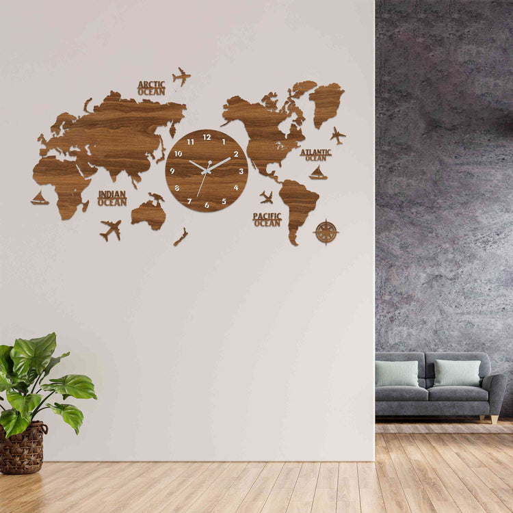 Wooden World Map Clock | Wooden world map with clock | Map of World Clock