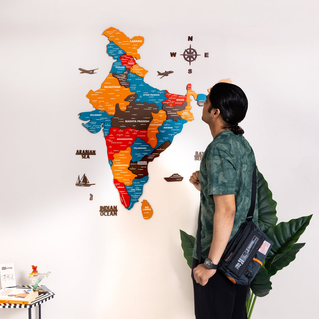 3D Saffron Wooden India Map