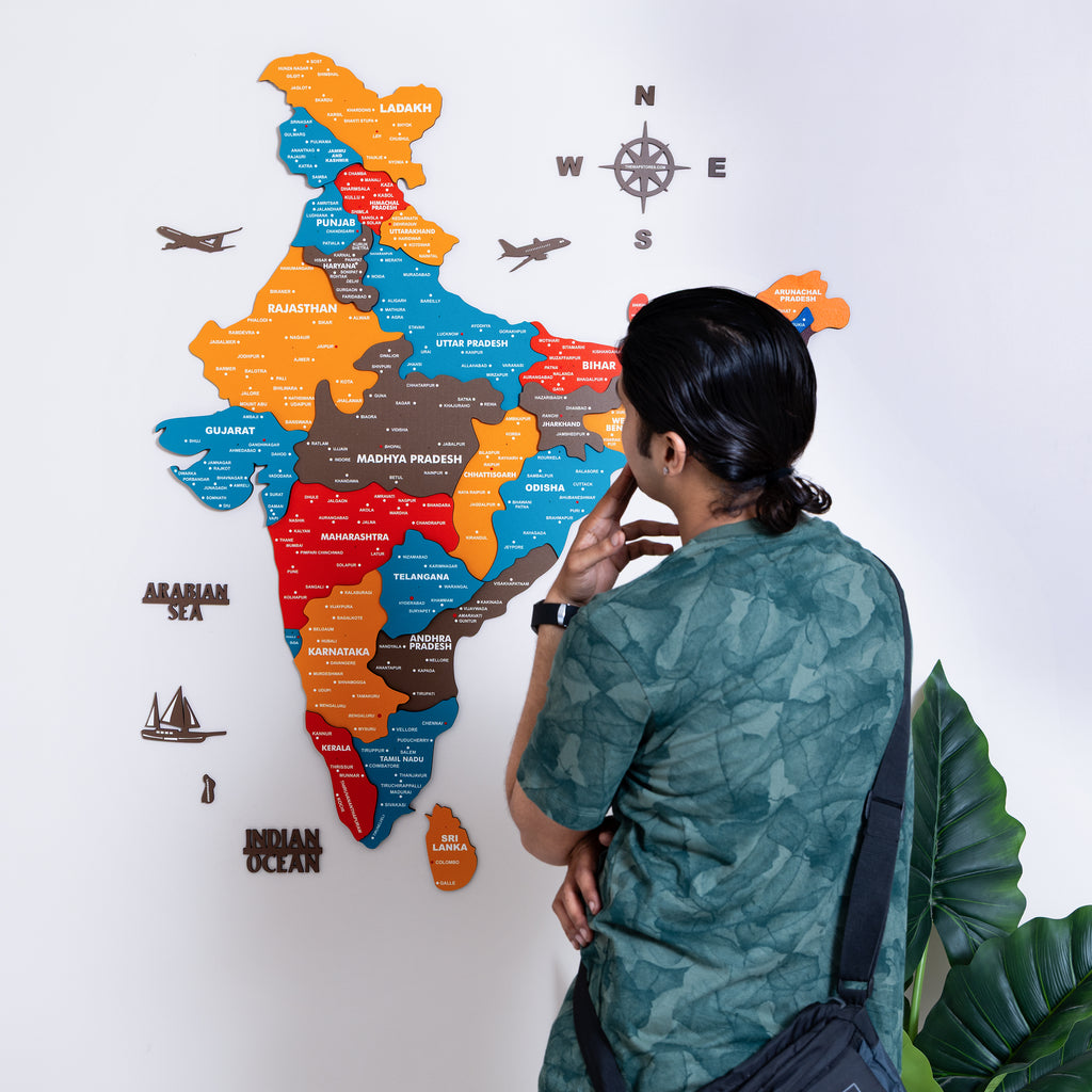 3D Saffron Wooden India Map