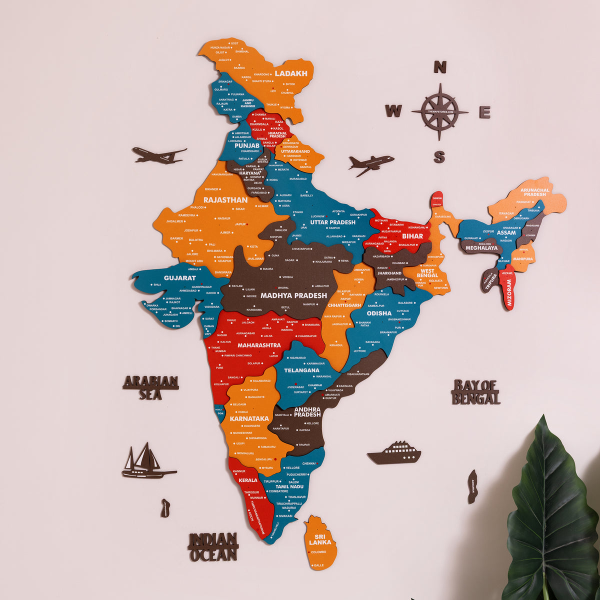 3D Saffron Wooden India Map