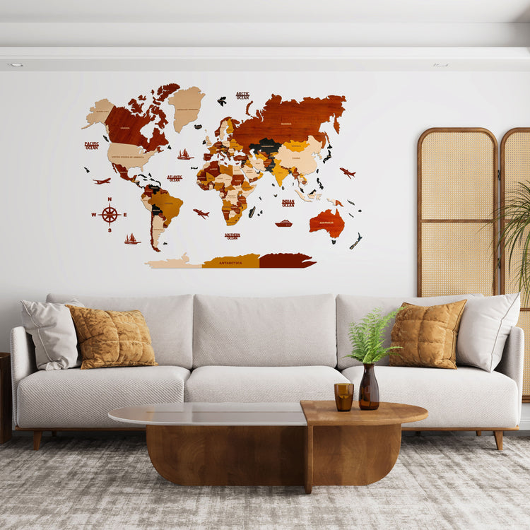 3D Multilayered Wooden world map for wall