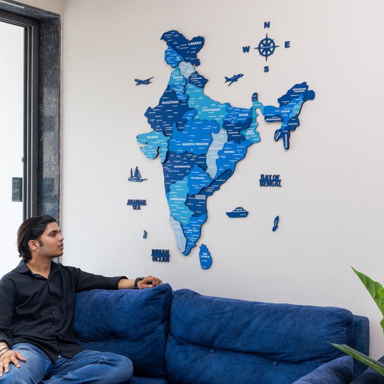 3D Tory Blue Wooden India Map