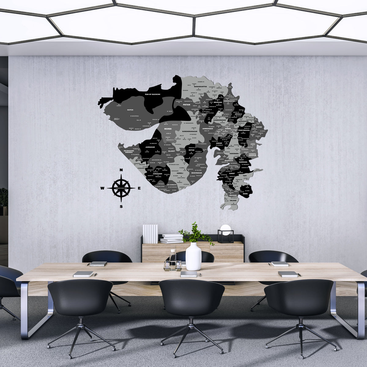 3D Black & Grey Wooden Gujarat Map