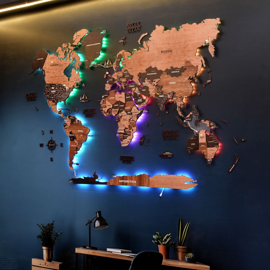 LED Wooden World Map