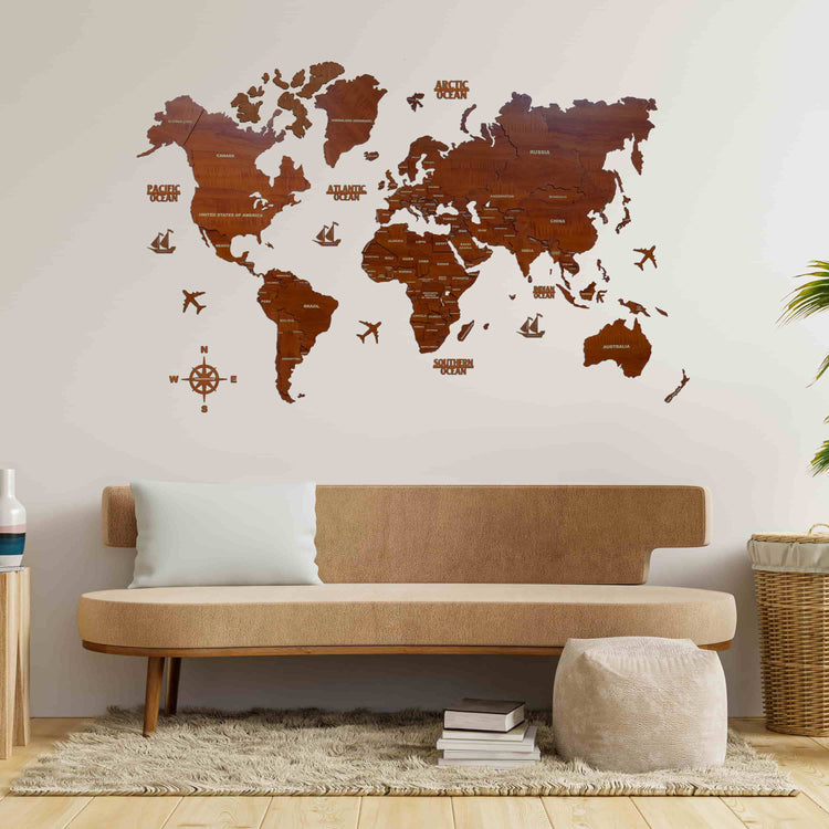 3D Brown Wooden World Map for wall • The Map Store