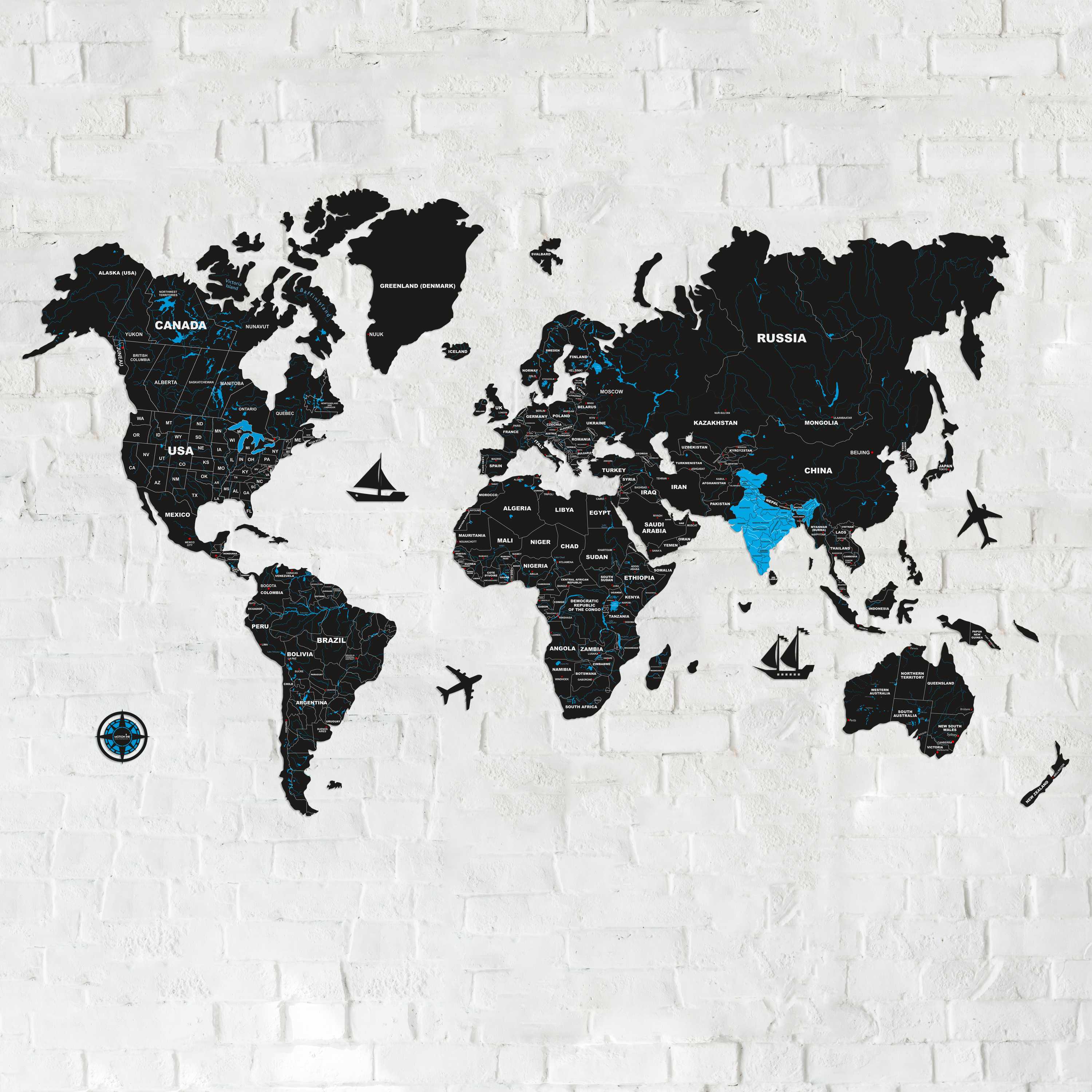black & blue wooden world map for wall | 3d Black & Blue Wooden world map