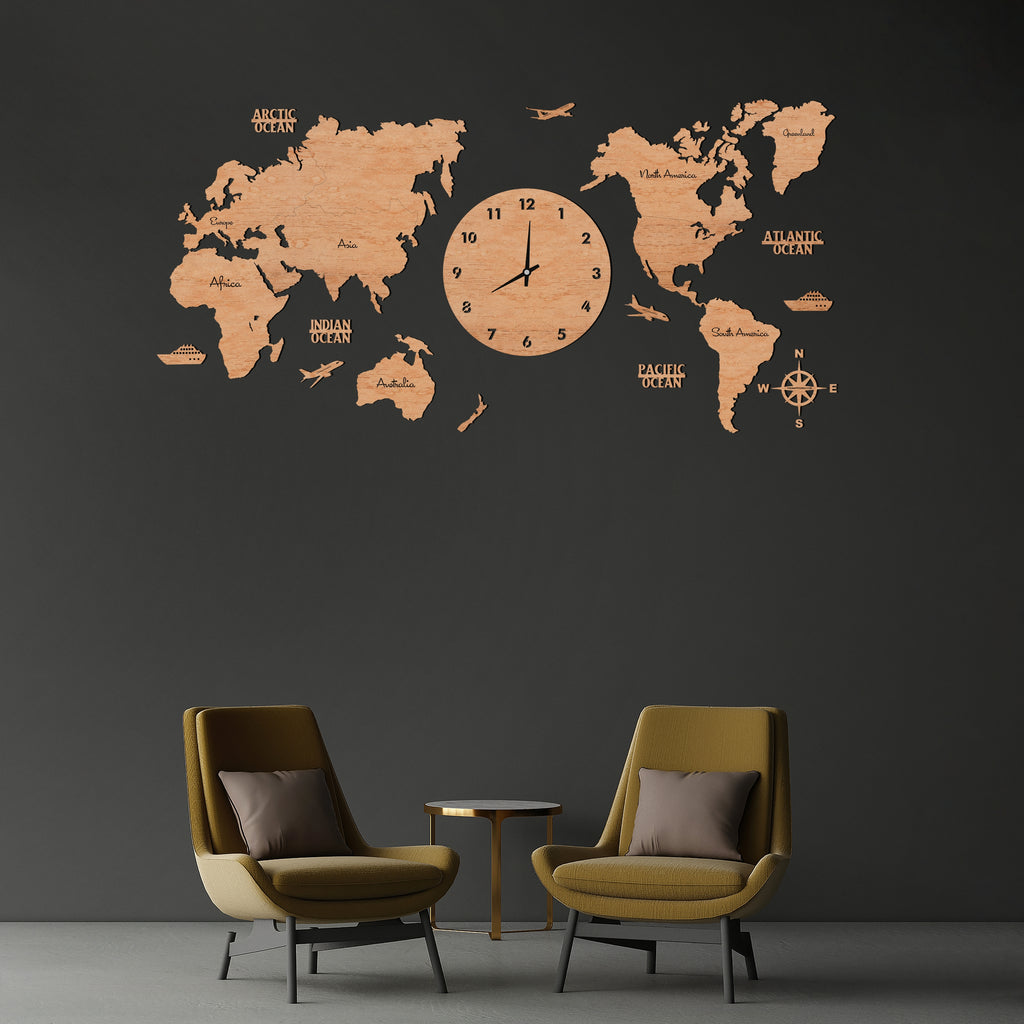 Maple Wooden Map Clock
