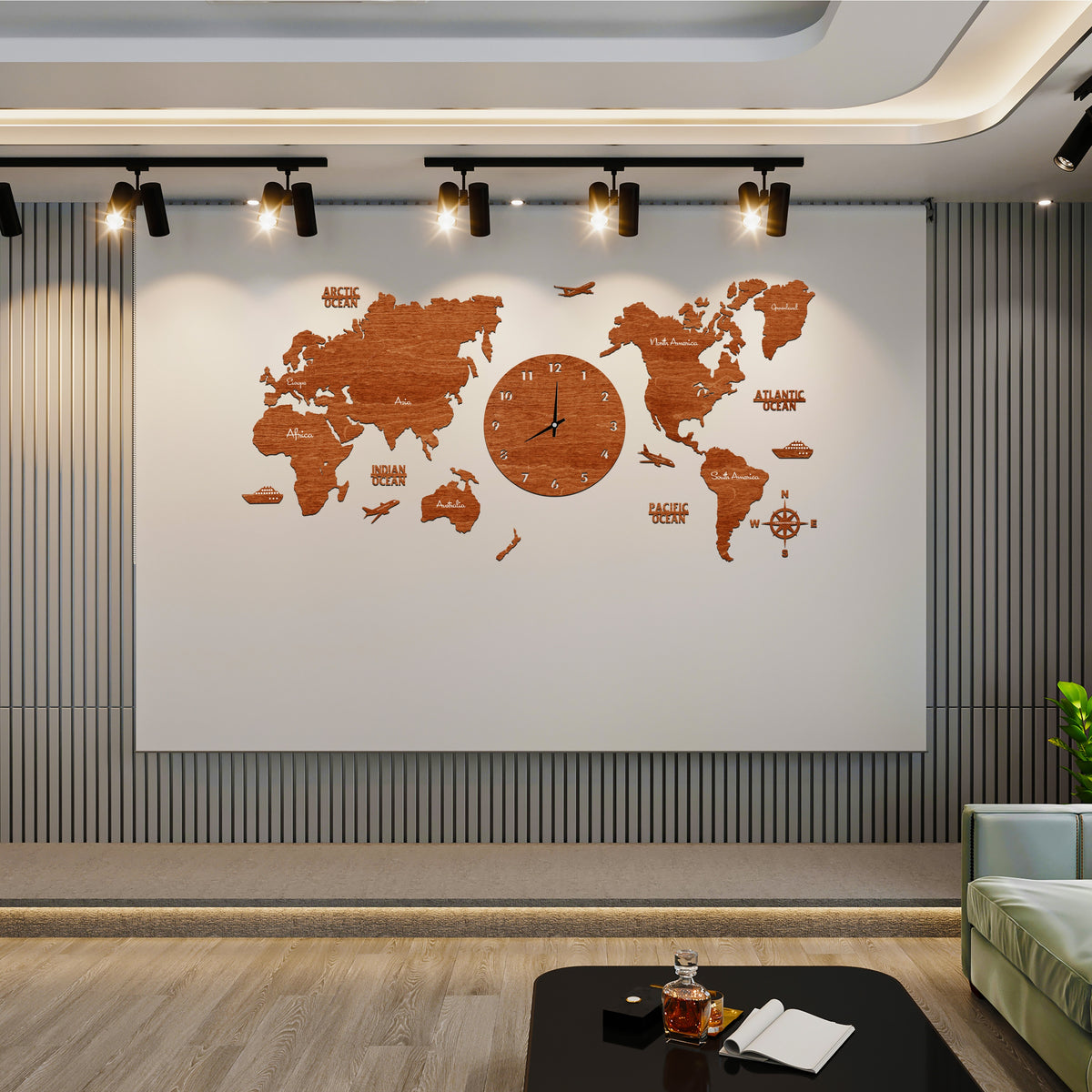 Teak World Map Clock