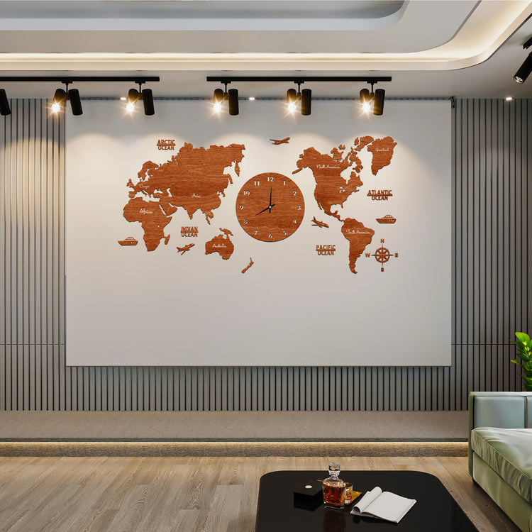 Teak World Map Clock