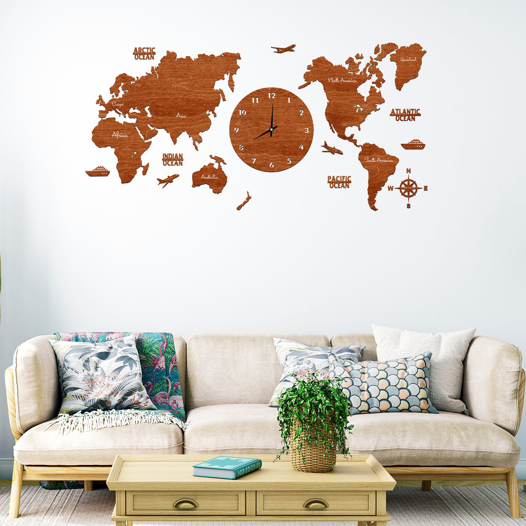 Teak World Map Clock
