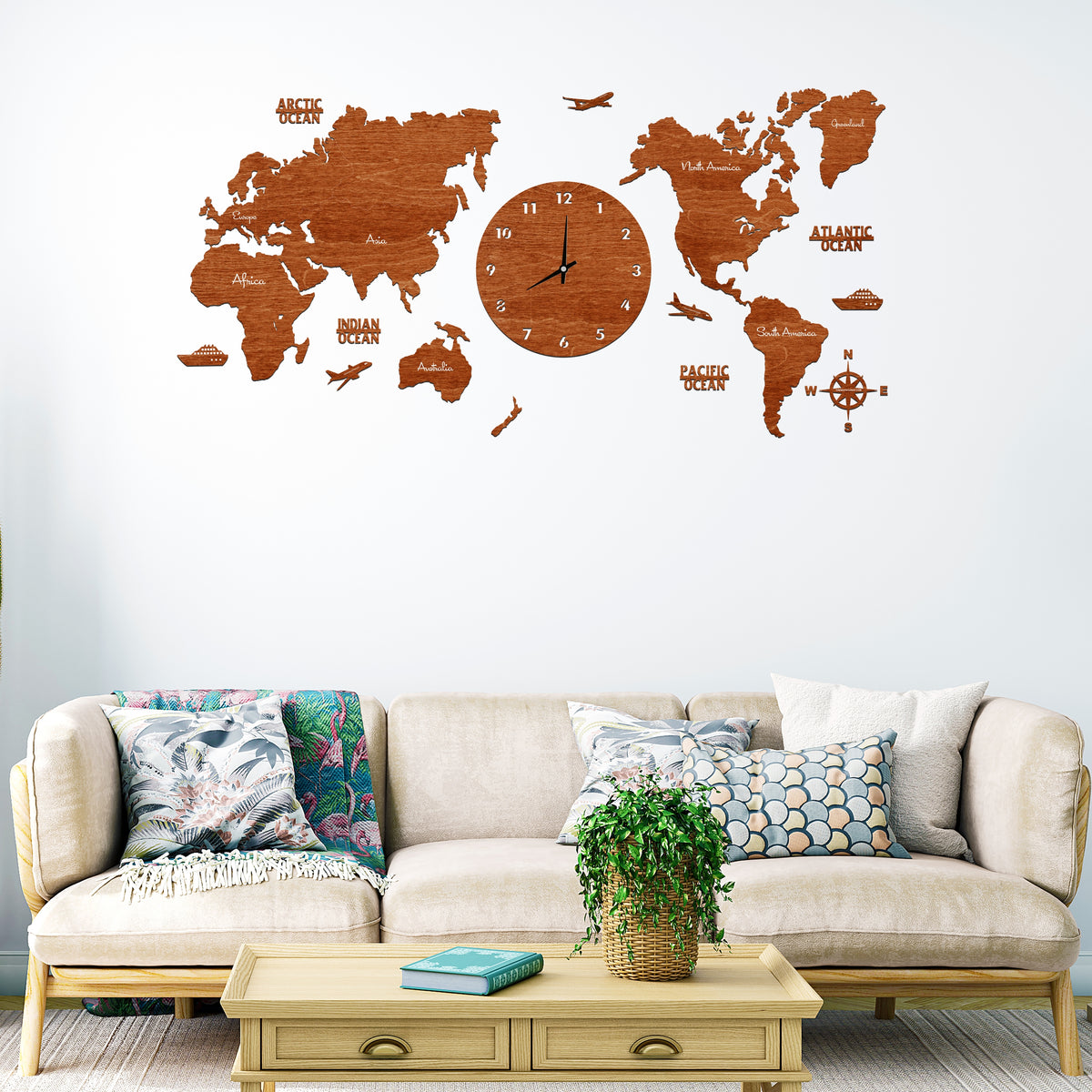 Teak World Map Clock
