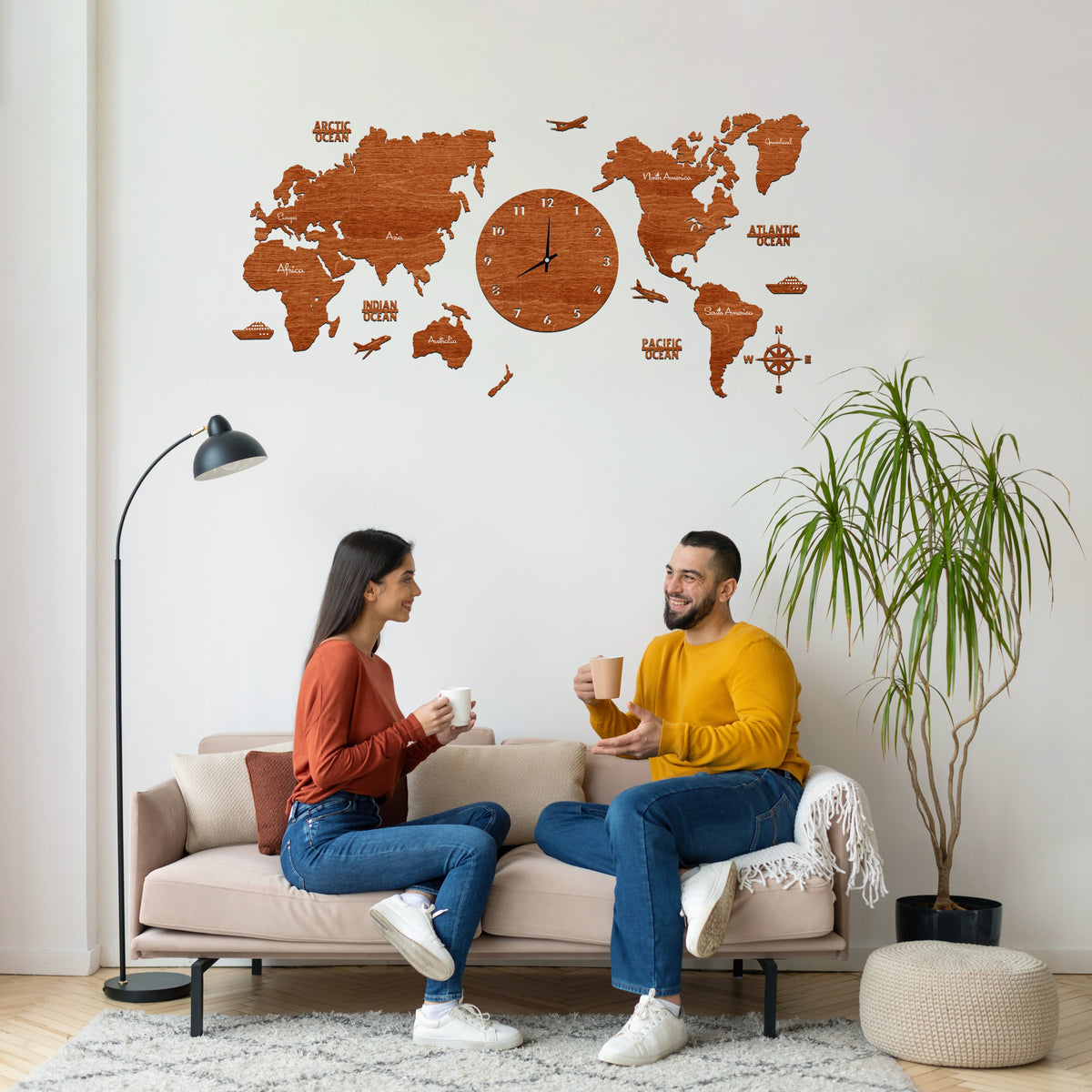 Teak World Map Clock