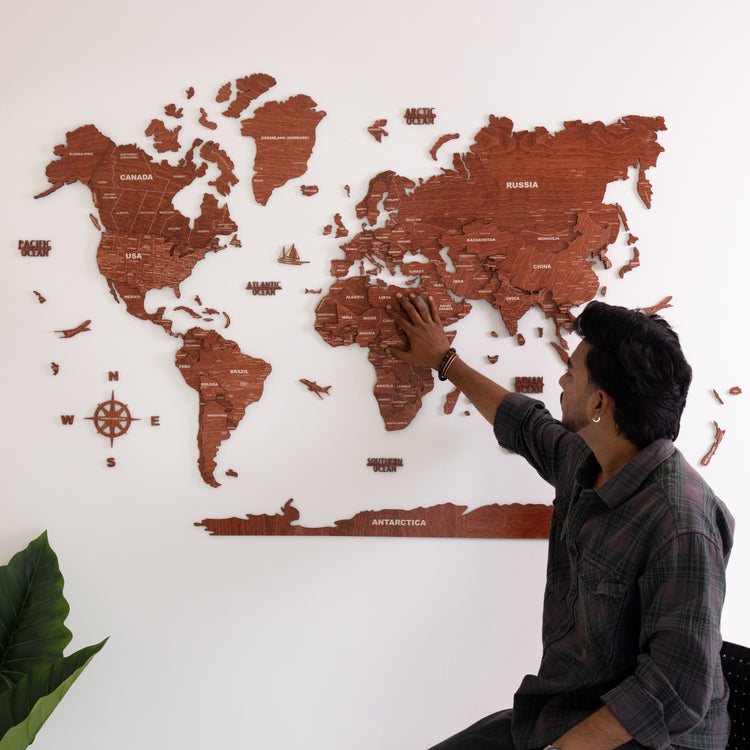 3D Teak Wooden World Map
