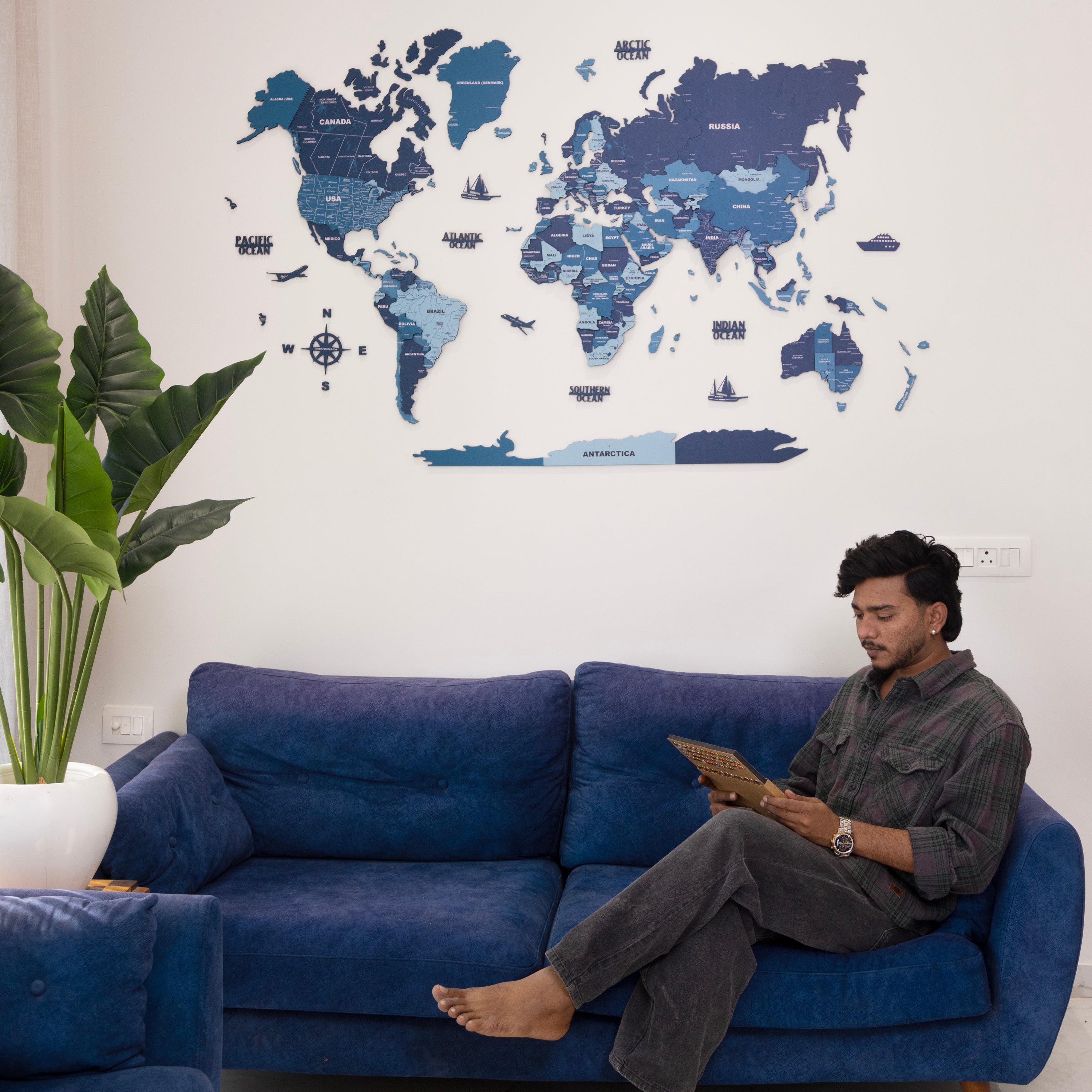 3D Blue Sapphire Wooden World Map