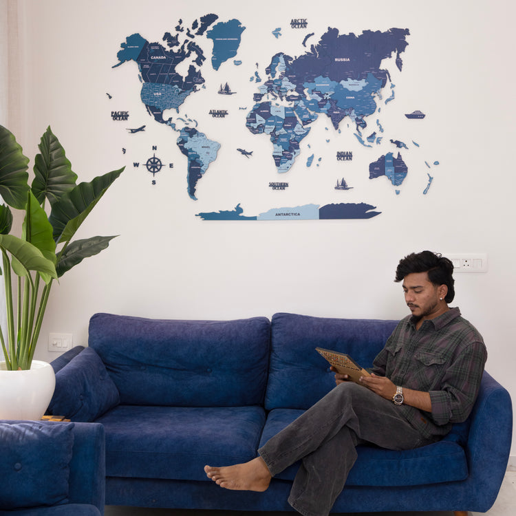 3D Blue Sapphire Wooden World Map