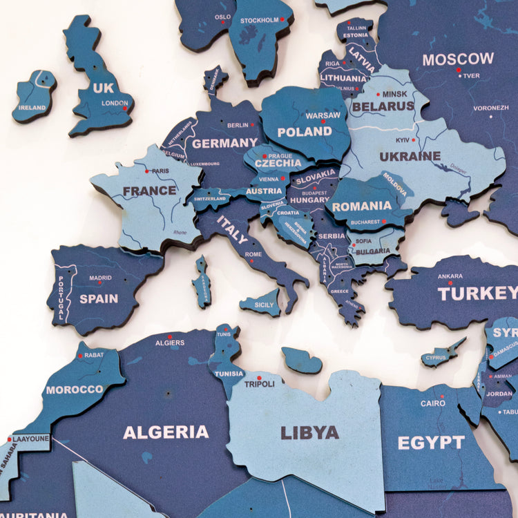 3D Blue Sapphire Wooden World Map