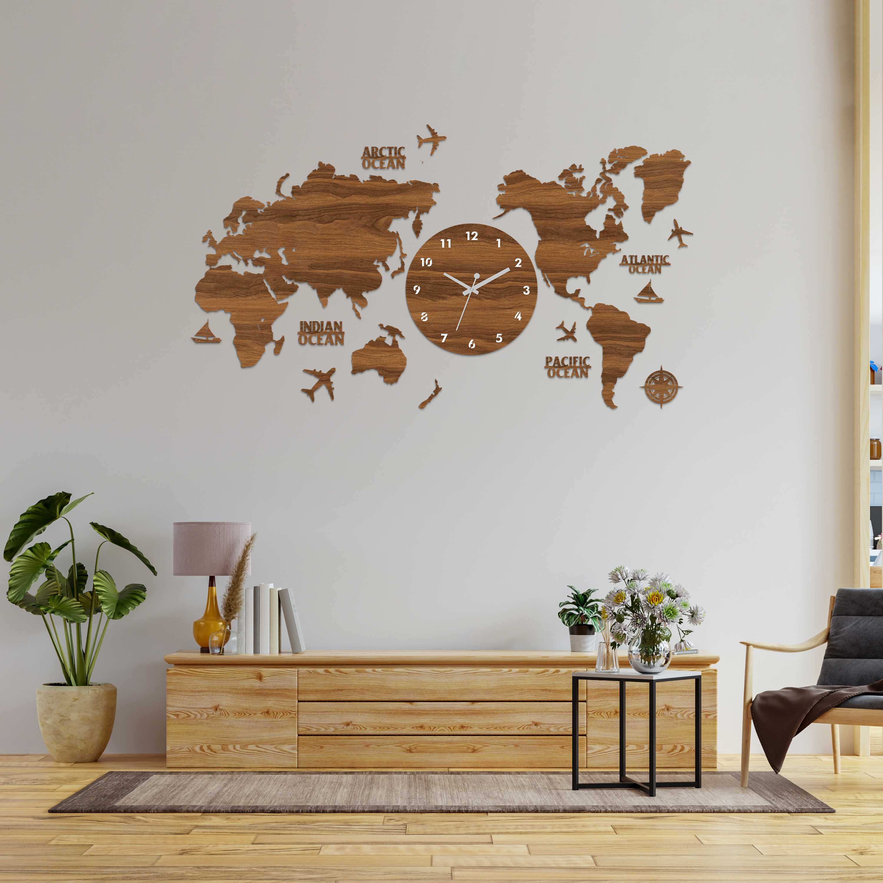 wooden world map clock for wall | Wooden world map Clock