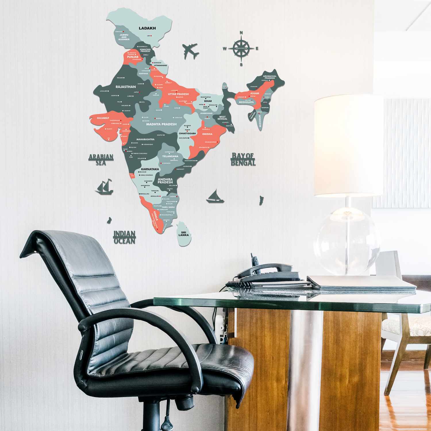 Salmon Pink Wooden India Map WallArt • The Map Store