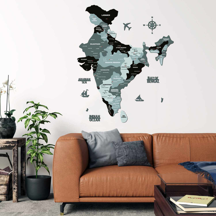 Black and Grey Wooden India Map for wall | Wooden India map wallart | Map of India |