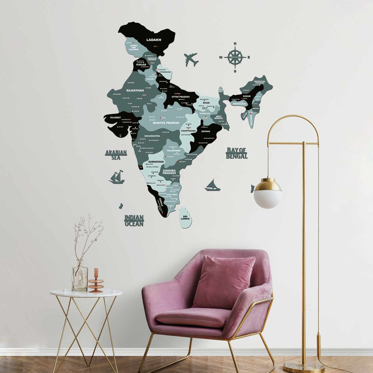 Black and Grey Wooden India Map for wall | Wooden India map wallart | Map of India |
