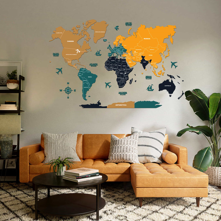 2D Sepia and Amber Wooden World Map for wall | Wooden world map wallart | Map of World |