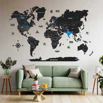 2D Black & Blue Wooden world map for wall | Wooden world map wallart | Map of World  |  Wooden world map for wall | with pushpins