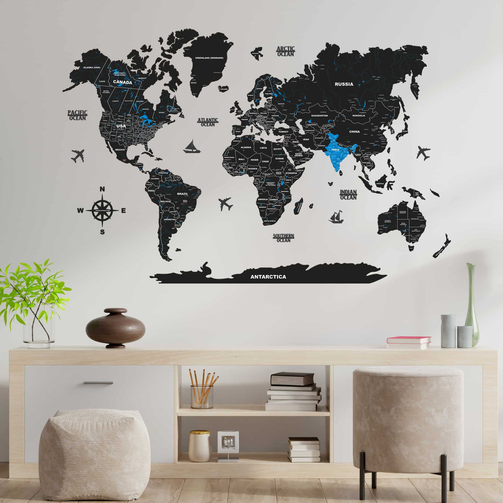 2D Black & Blue Wooden world map for wall | Wooden world map wallart | Map of World  |  Wooden world map for wall | with pushpins