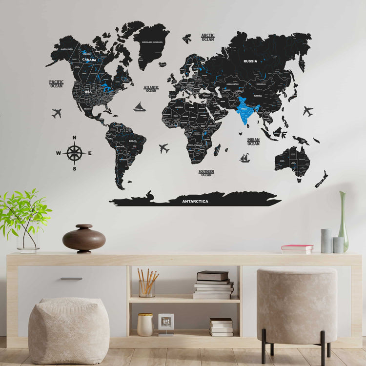 2D Black & Blue Wooden world map for wall | Wooden world map wallart | Map of World  |  Wooden world map for wall | with pushpins