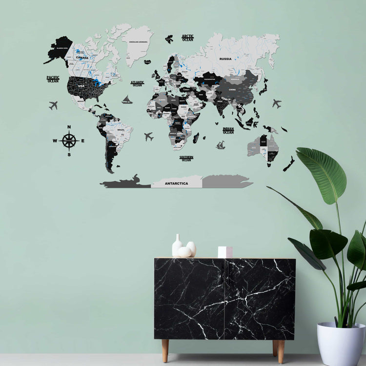 3D Black & Grey Wooden World Map for wall | Wooden world map wallart | Map of World |